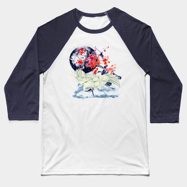 Japanese Sumi E Moonlight Crane Baseball T-Shirt by Underthespell